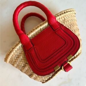 Chloe Red Straw Tote with Leather Trim